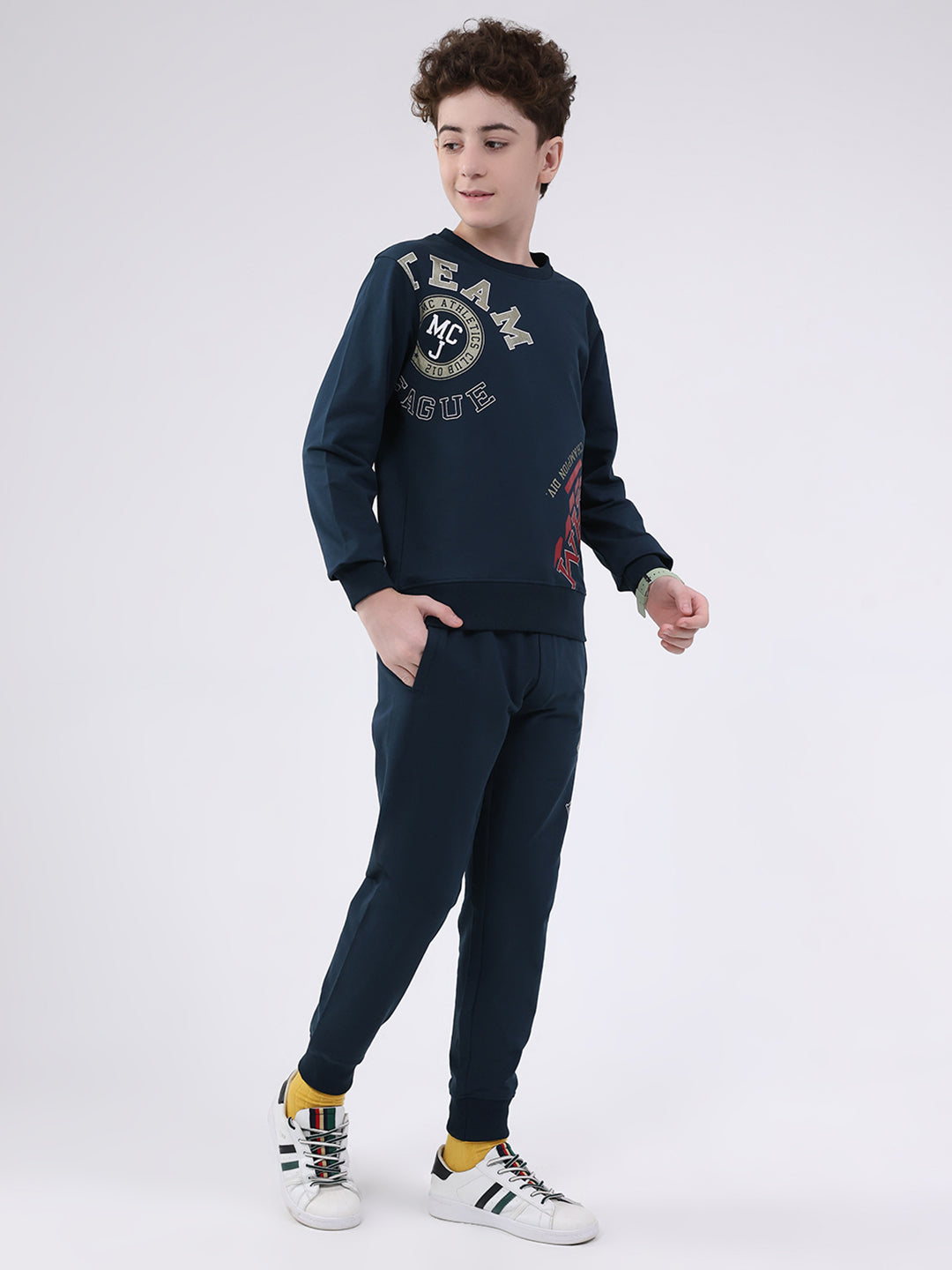 Boys Teal Blue Printed Round Neck Full Sleeve Cords Set