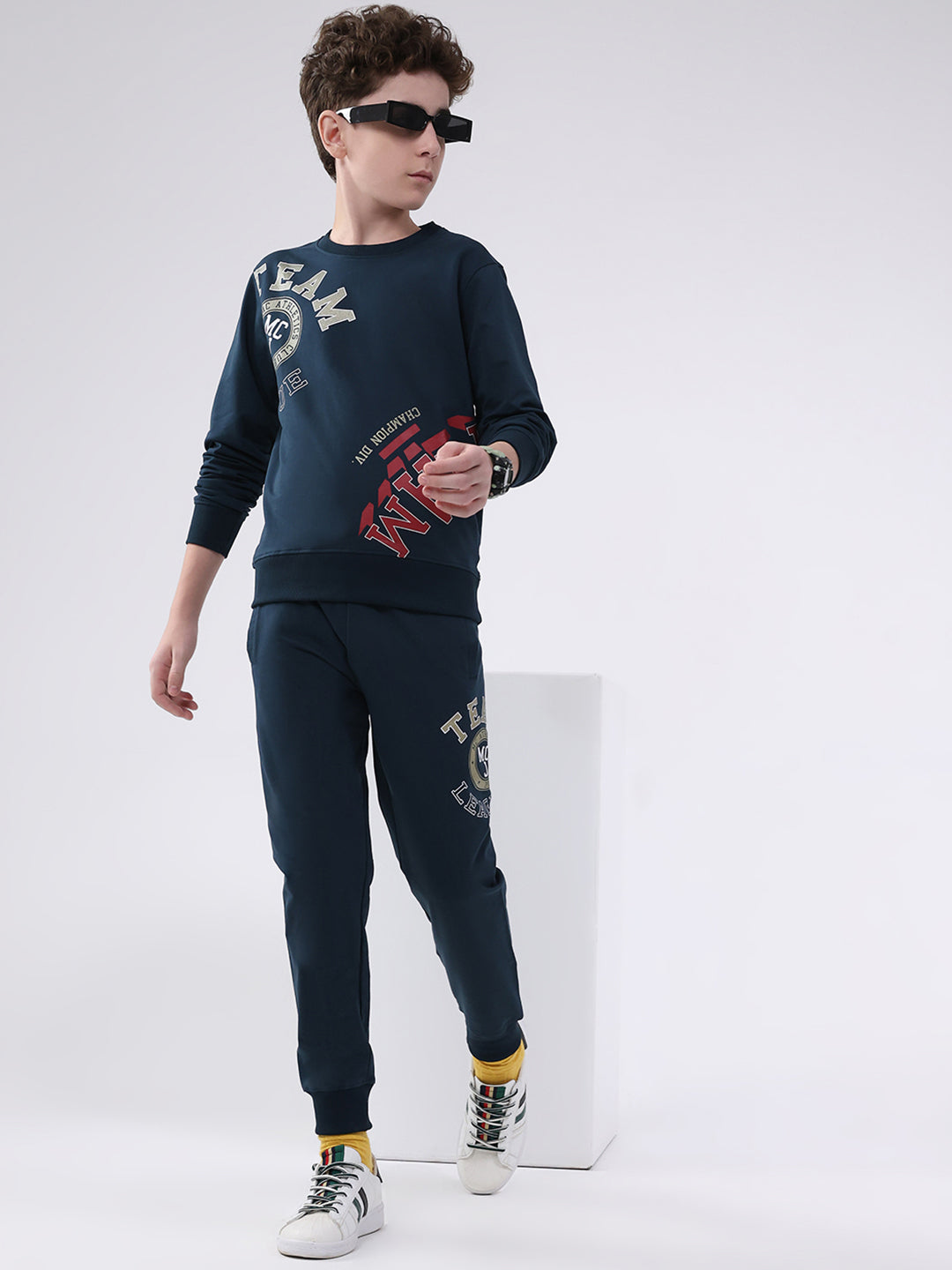 Boys Teal Blue Printed Round Neck Full Sleeve Cords Set