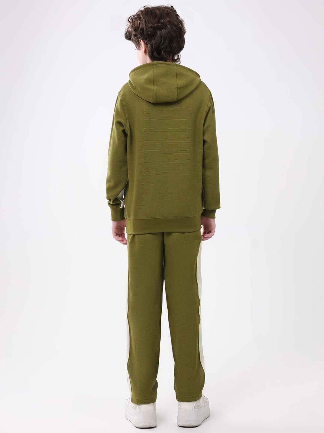 Boys Green Self Design Hooded Full Sleeve Cords Set