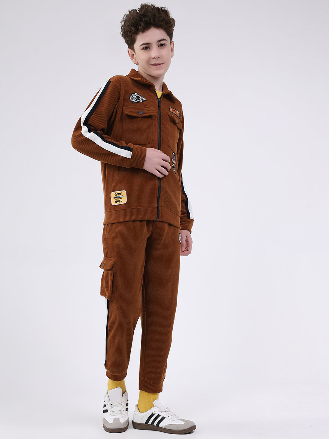 Boys Brown Self Design Collar Full Sleeve Cords Set