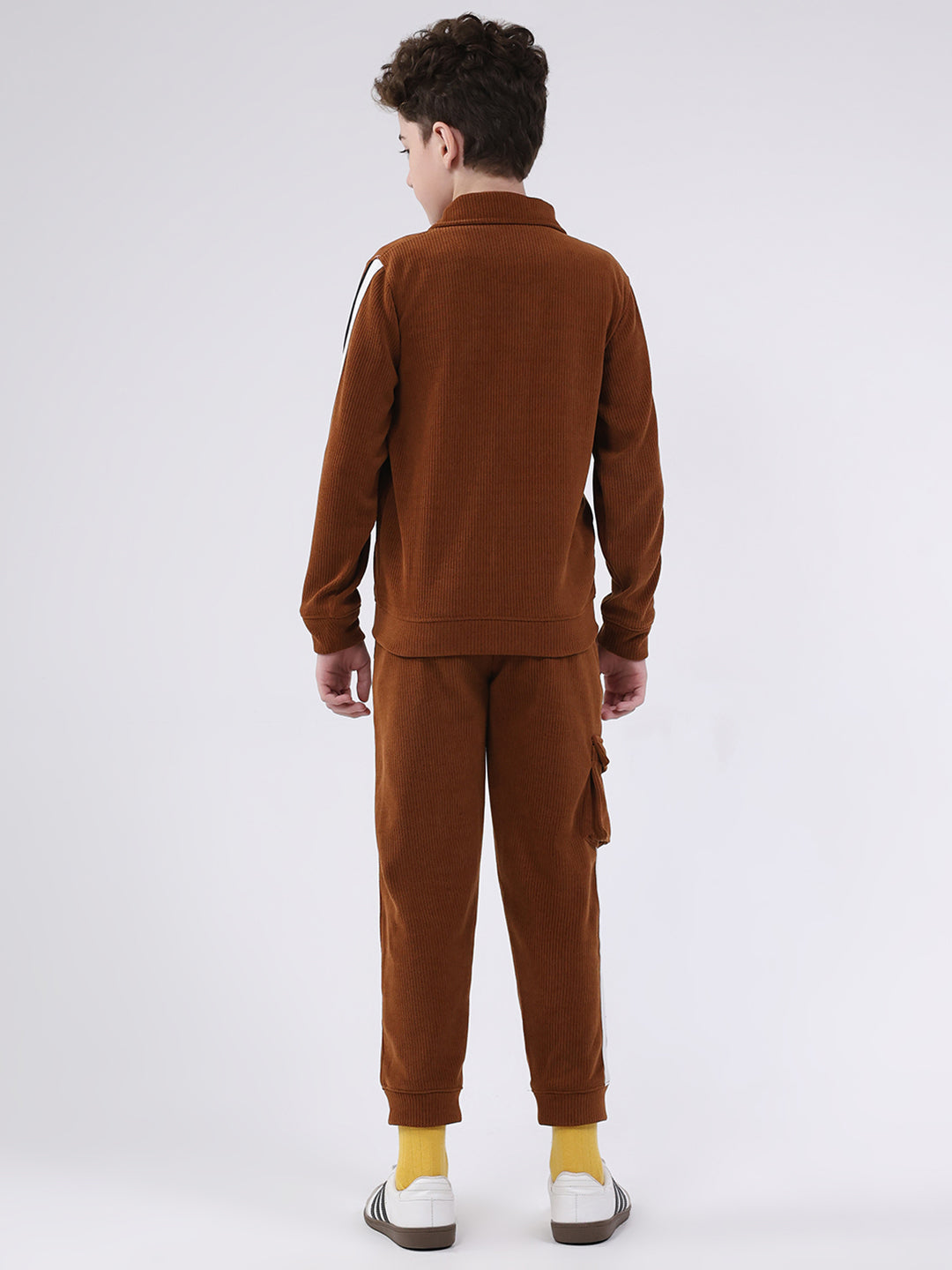 Boys Brown Self Design Collar Full Sleeve Cords Set
