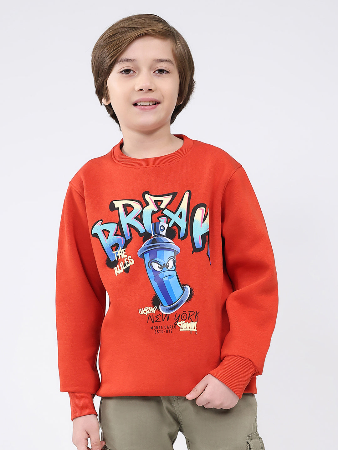 Boys Rust Printed Round Neck Full Sleeve Sweatshirt