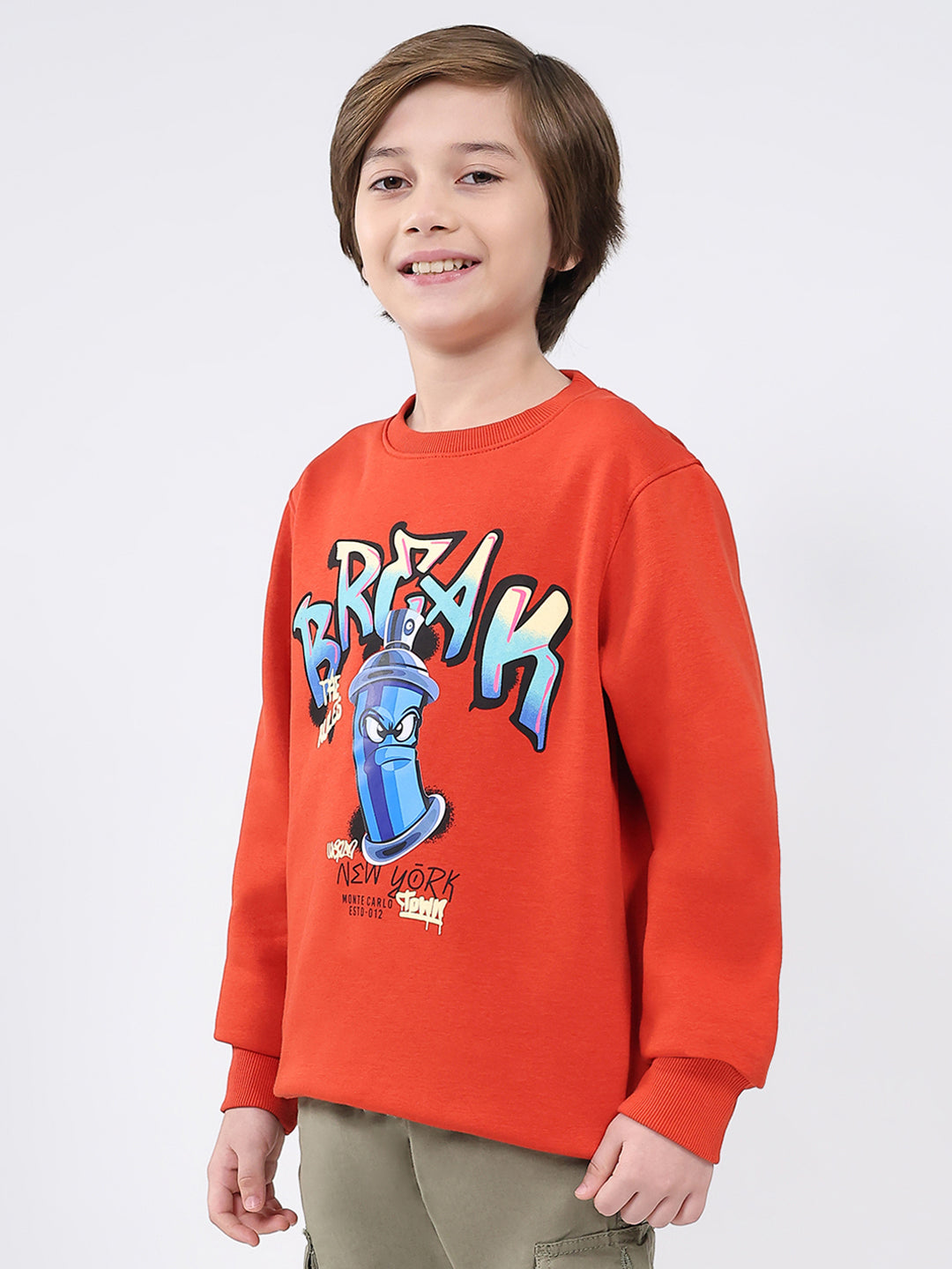 Boys Rust Printed Round Neck Full Sleeve Sweatshirt