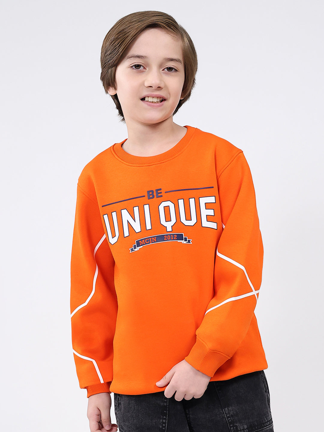 Boys Orange Printed Round Neck Full Sleeve Sweatshirt