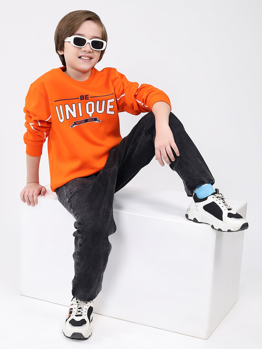 Boys Orange Printed Round Neck Full Sleeve Sweatshirt