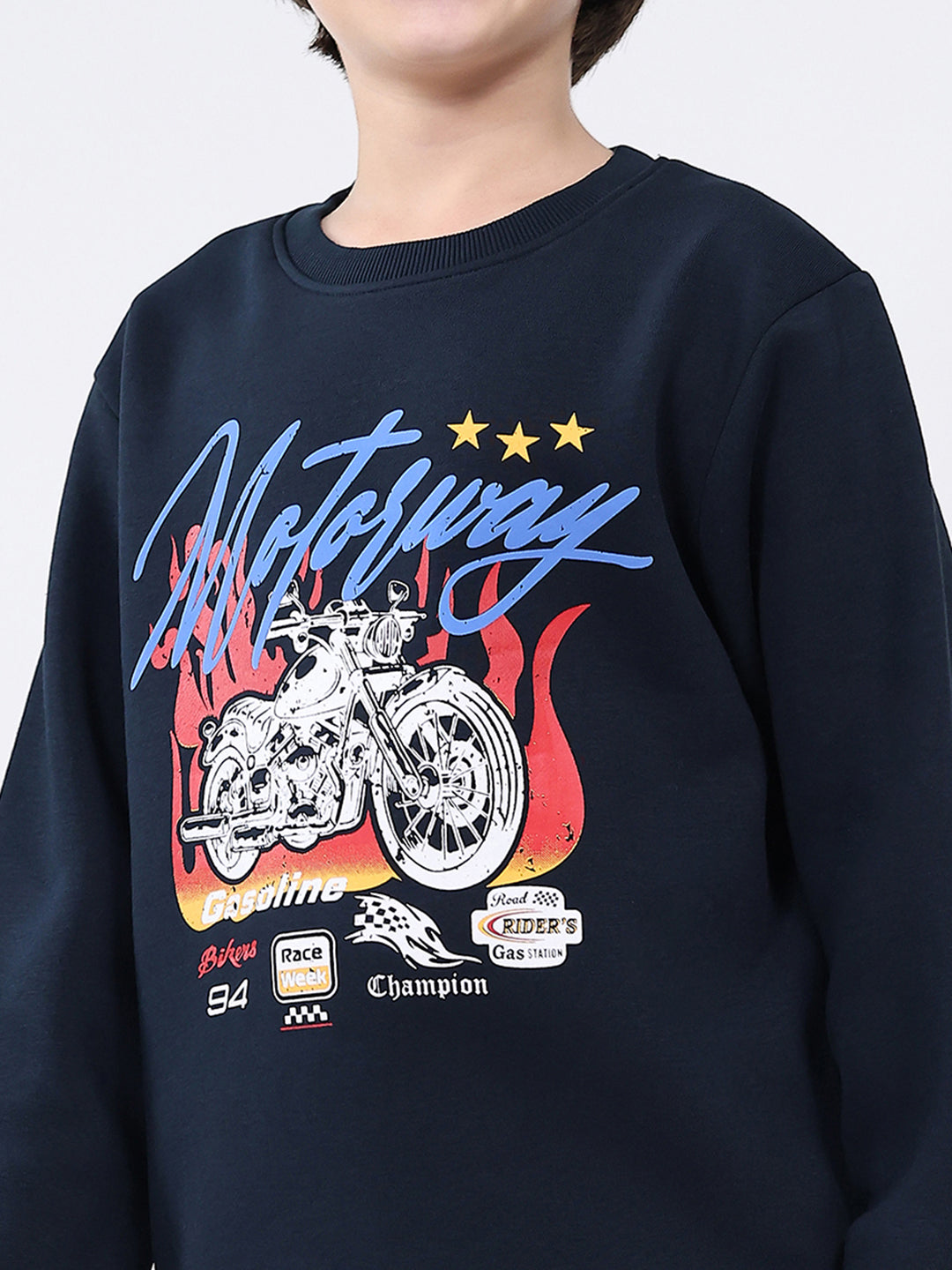 Boys Navy Blue Printed Round Neck Full Sleeve Sweatshirt