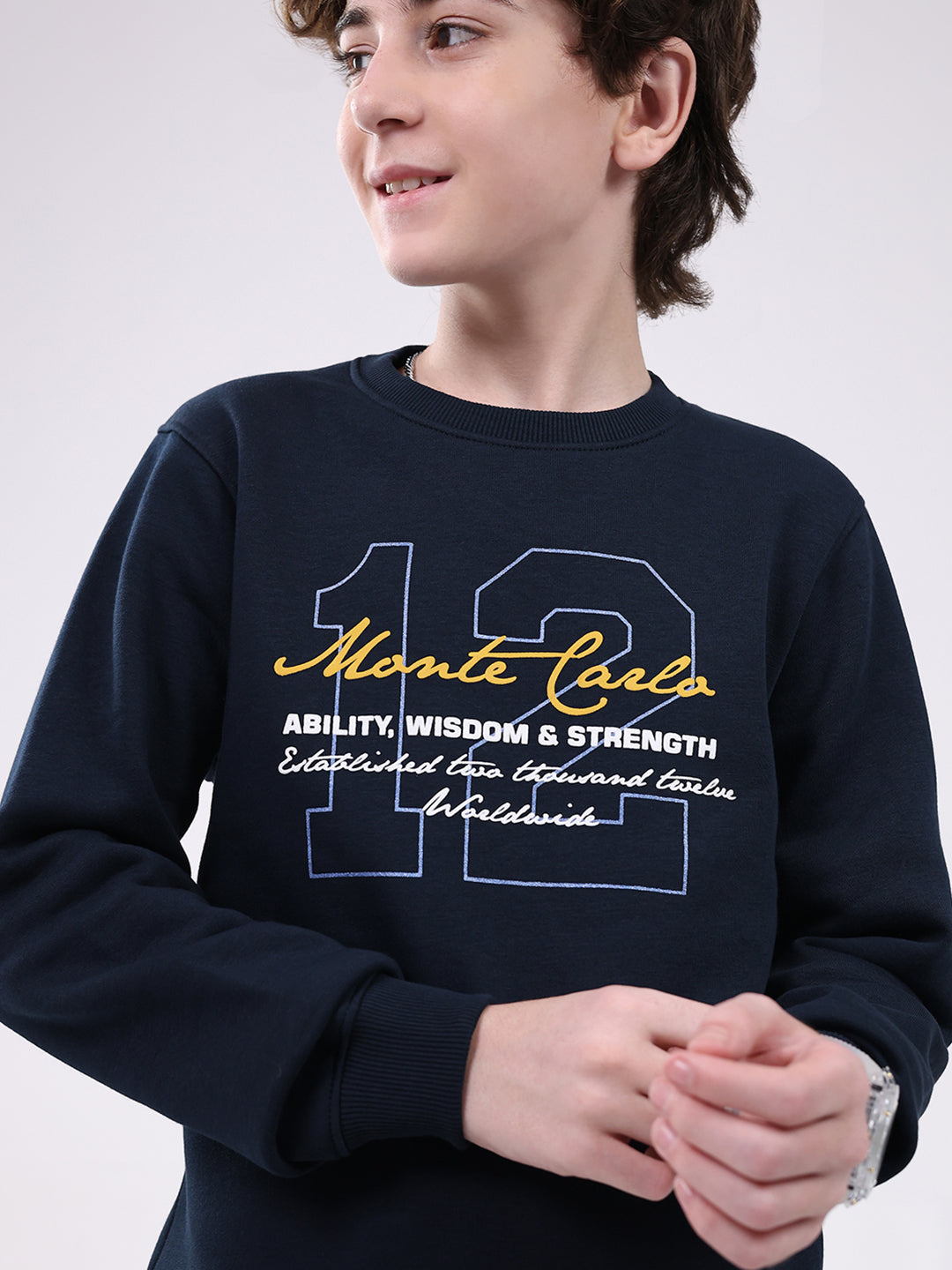 Boys Navy Blue Printed Round Neck Full Sleeve Sweatshirt