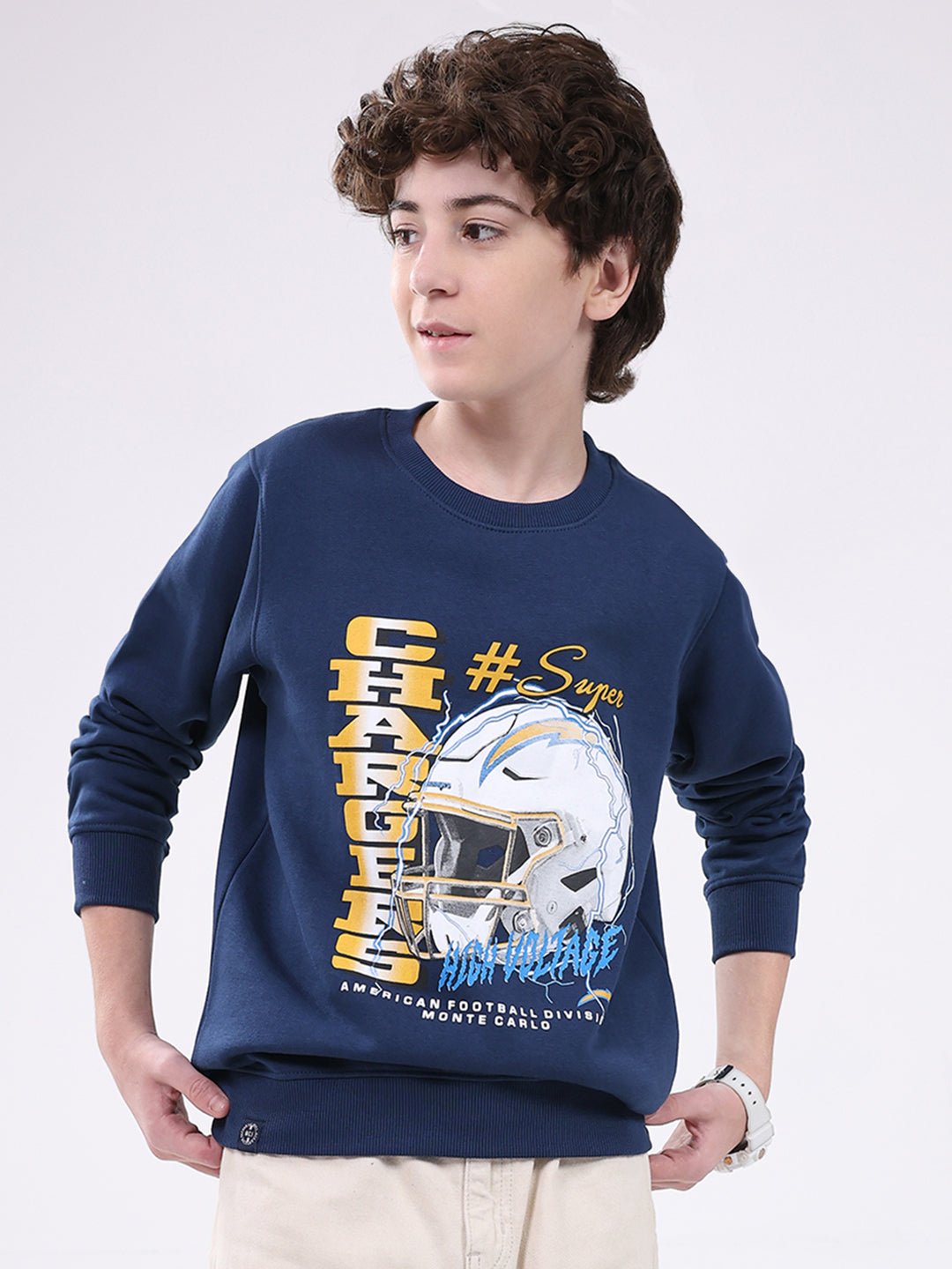 Boys Blue Printed Round Neck Full Sleeve Sweatshirt