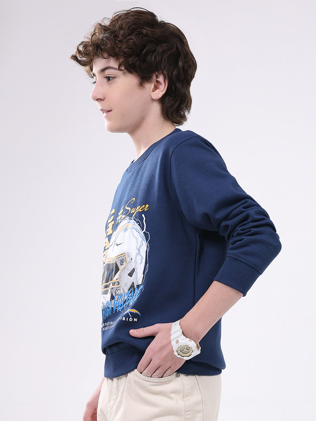 Boys Blue Printed Round Neck Full Sleeve Sweatshirt