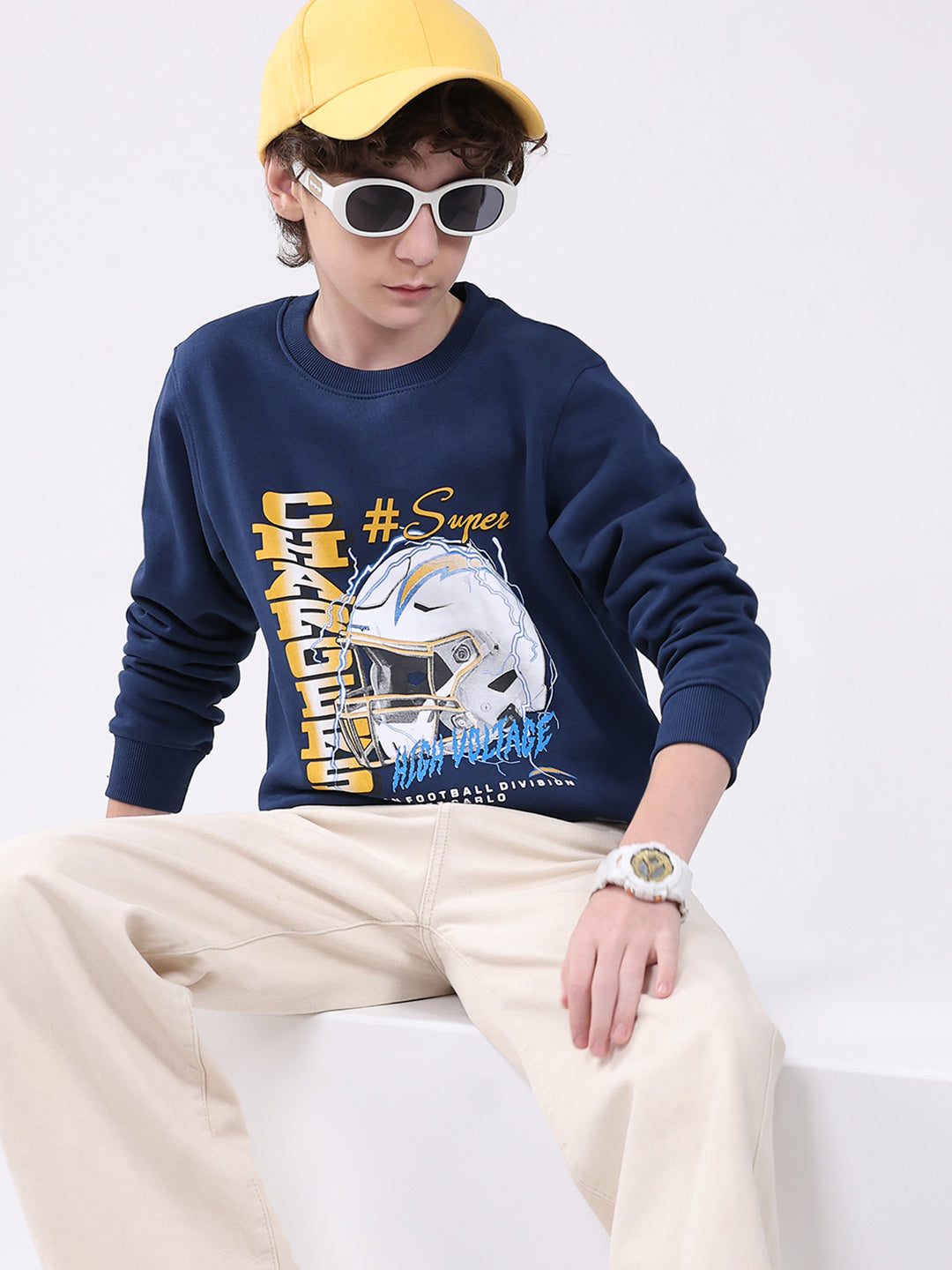Boys Blue Printed Round Neck Full Sleeve Sweatshirt