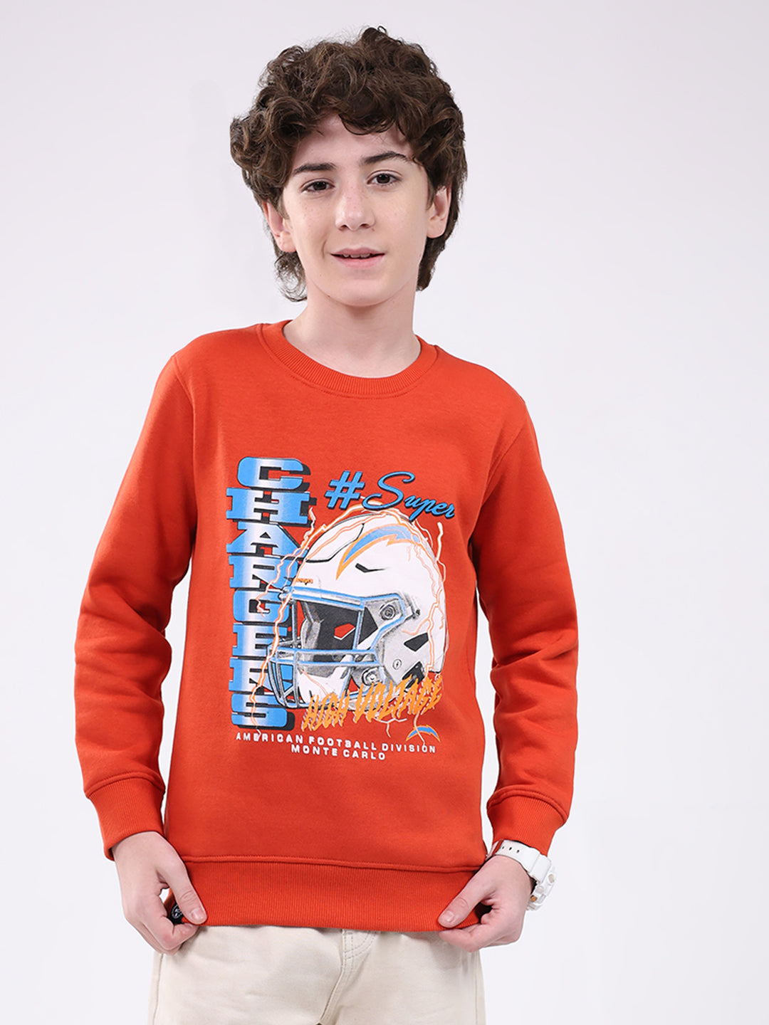 Boys Orange Printed Round Neck Full Sleeve Sweatshirt