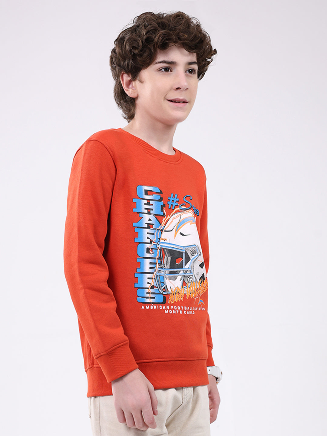 Boys Orange Printed Round Neck Full Sleeve Sweatshirt