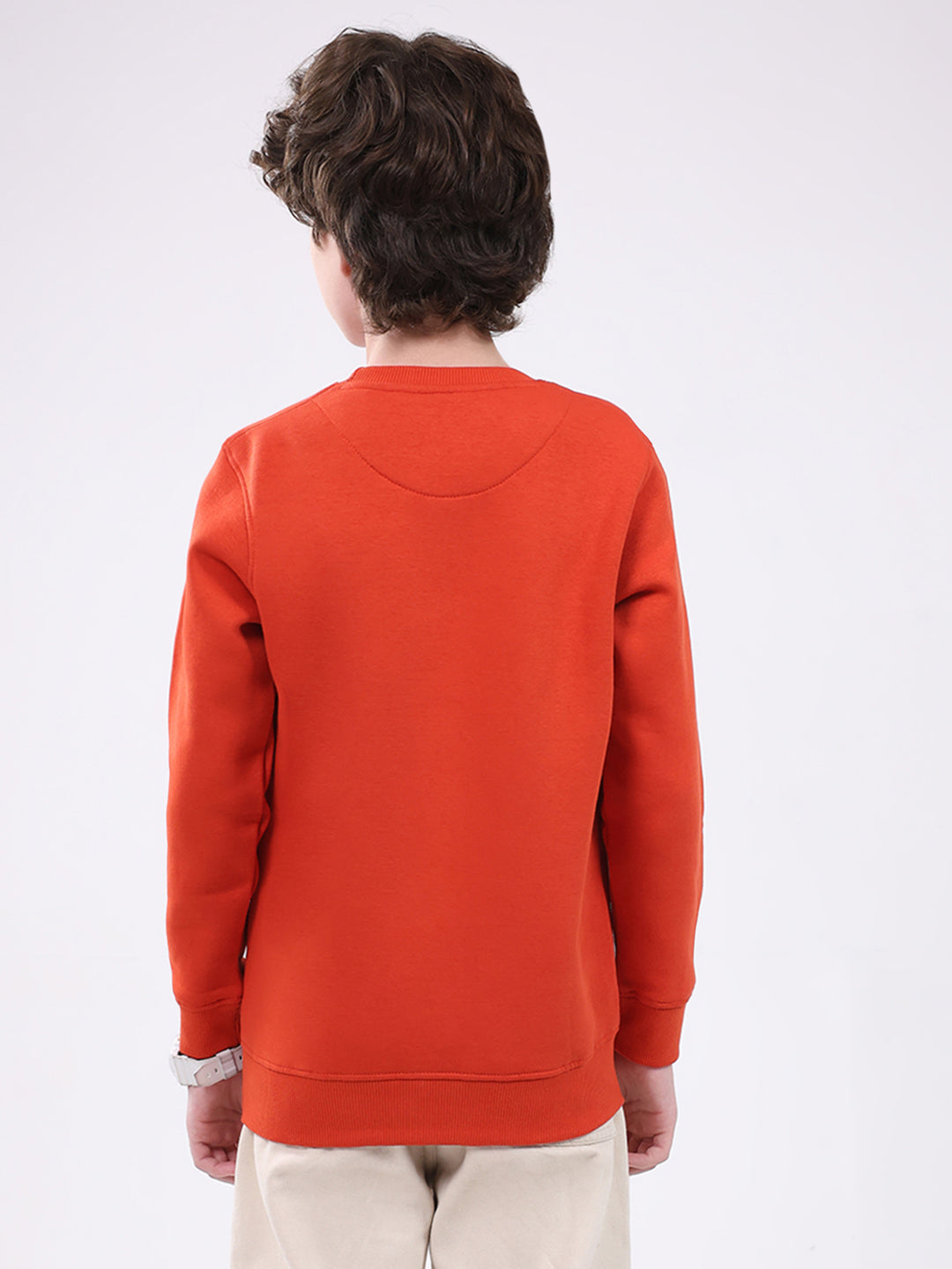 Boys Orange Printed Round Neck Full Sleeve Sweatshirt