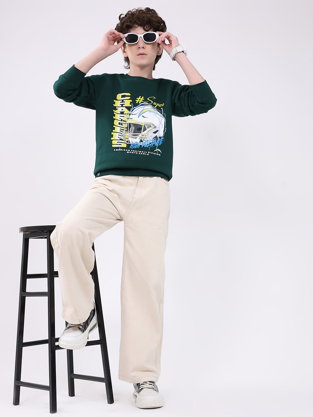 Boys Green Printed Round Neck Full Sleeve Sweatshirt