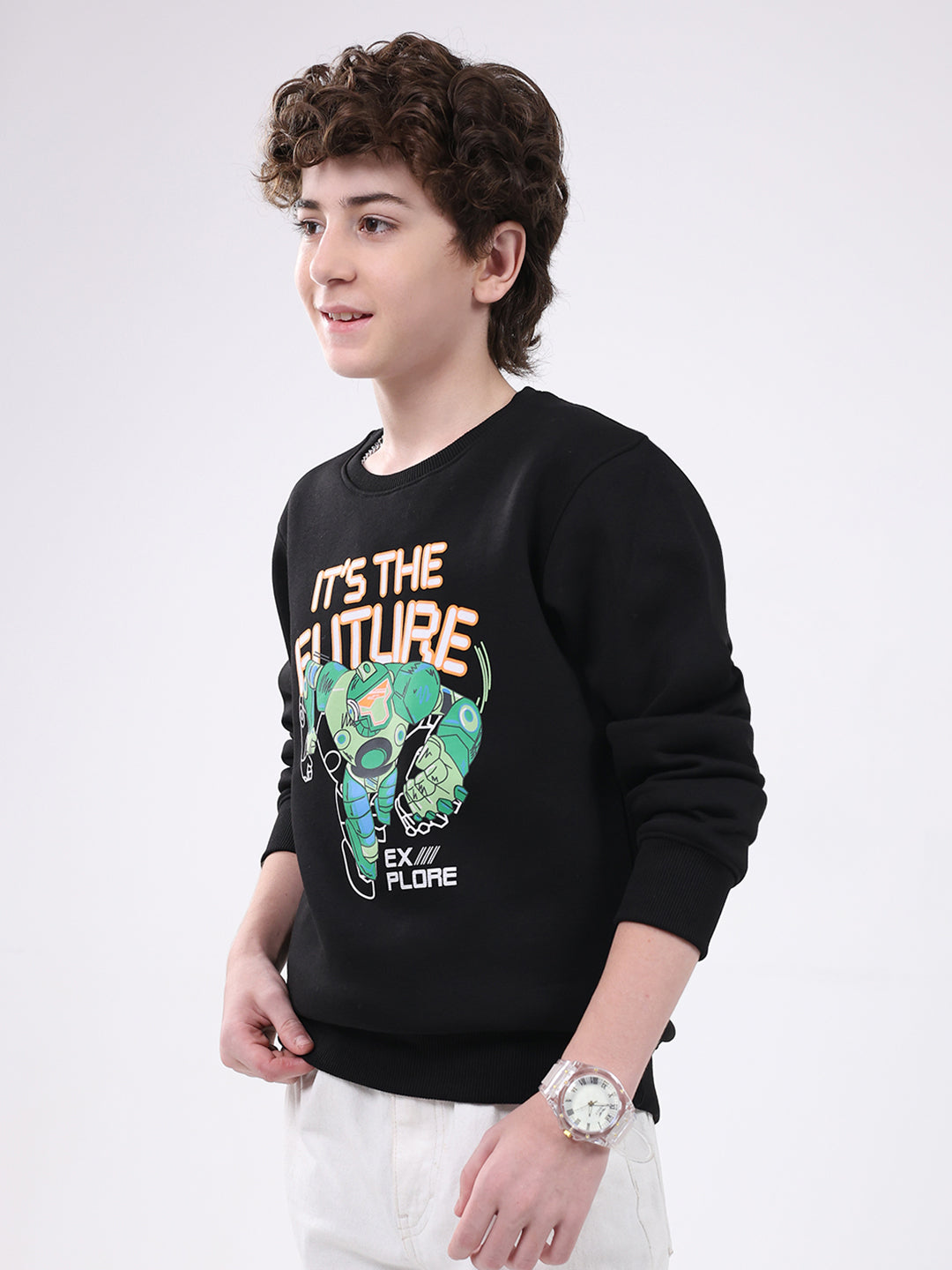 Boys Black Printed Round Neck Full Sleeve Sweatshirt