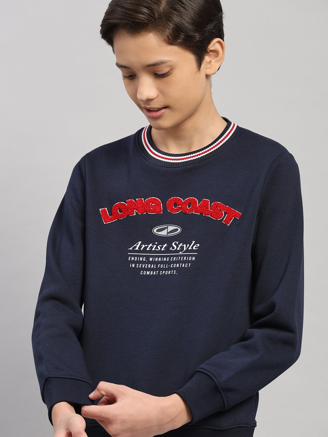 Boys Navy Blue Printed Round Neck Full Sleeve Sweatshirt