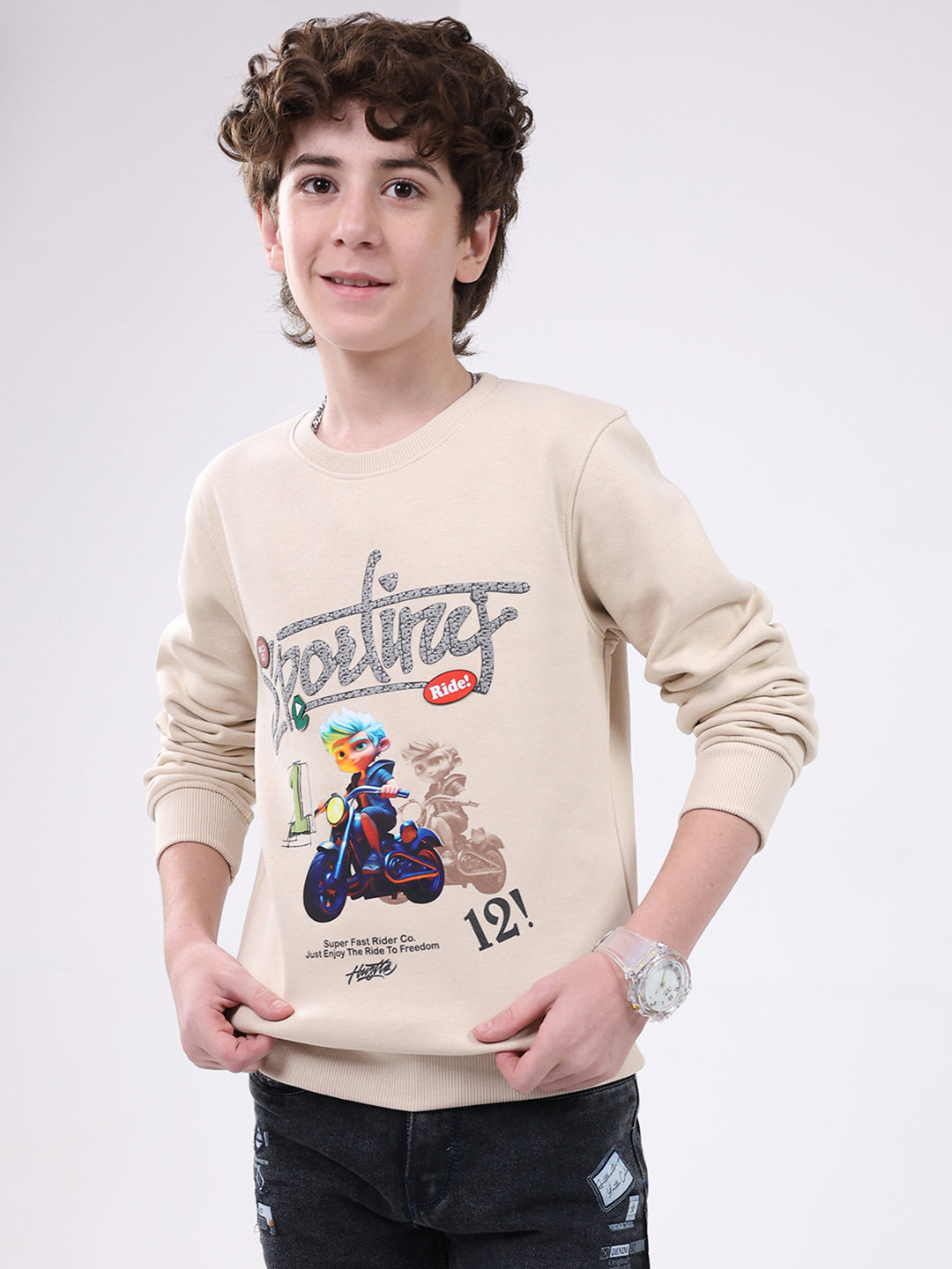 Boys Beige Printed Round Neck Full Sleeve Sweatshirt