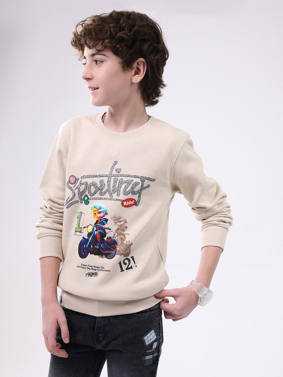 Boys Beige Printed Round Neck Full Sleeve Sweatshirt
