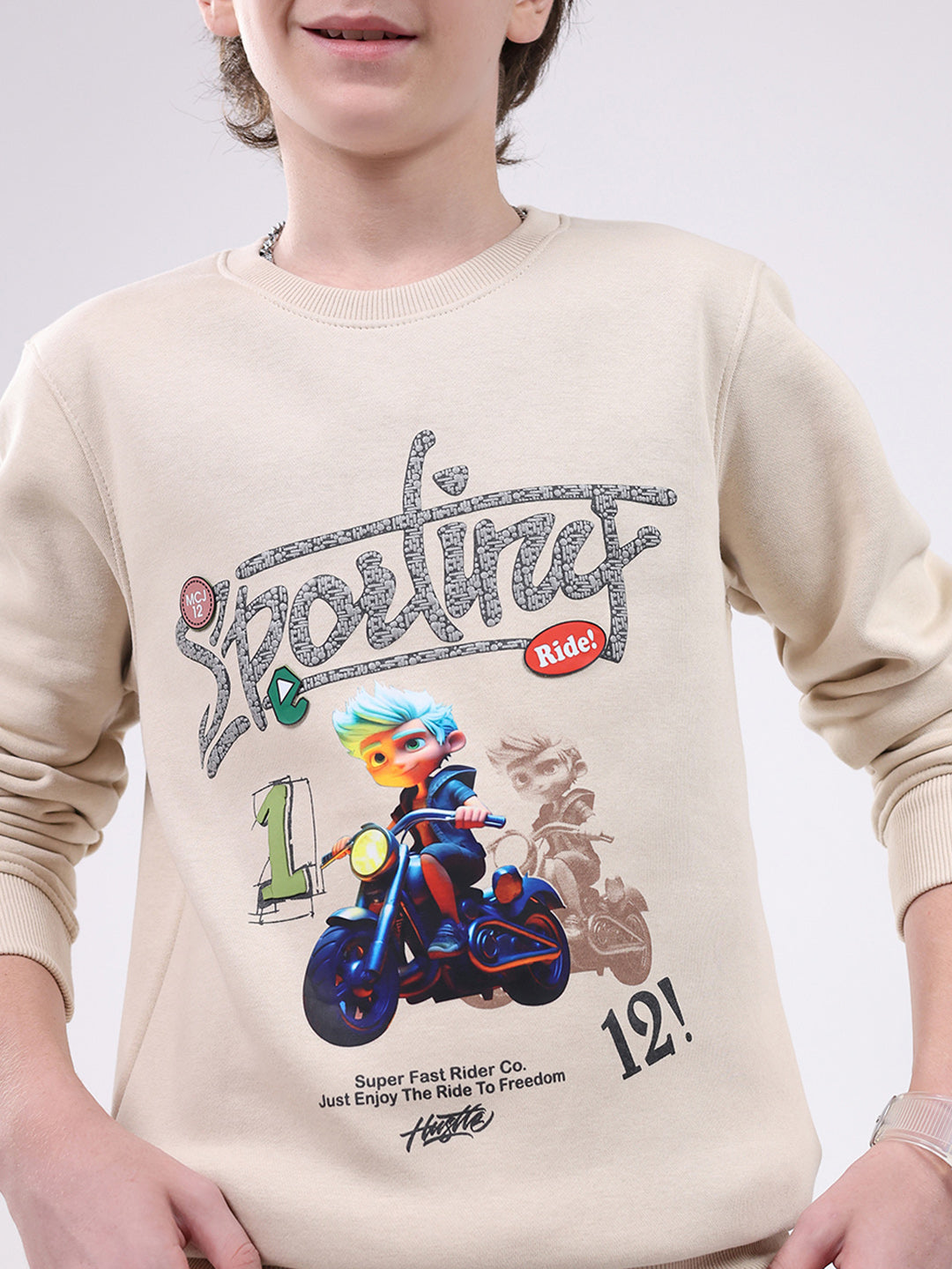 Boys Beige Printed Round Neck Full Sleeve Sweatshirt