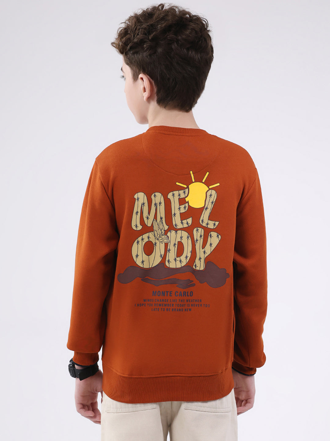 Boys Tan Printed Round Neck Full Sleeve Sweatshirt