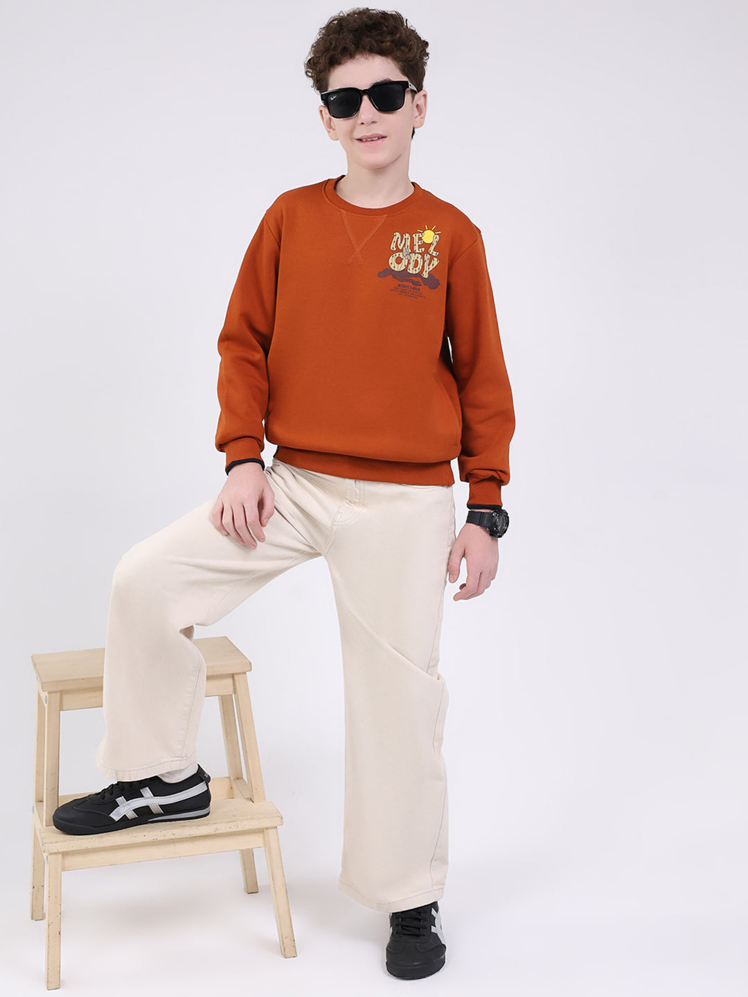 Boys Tan Printed Round Neck Full Sleeve Sweatshirt