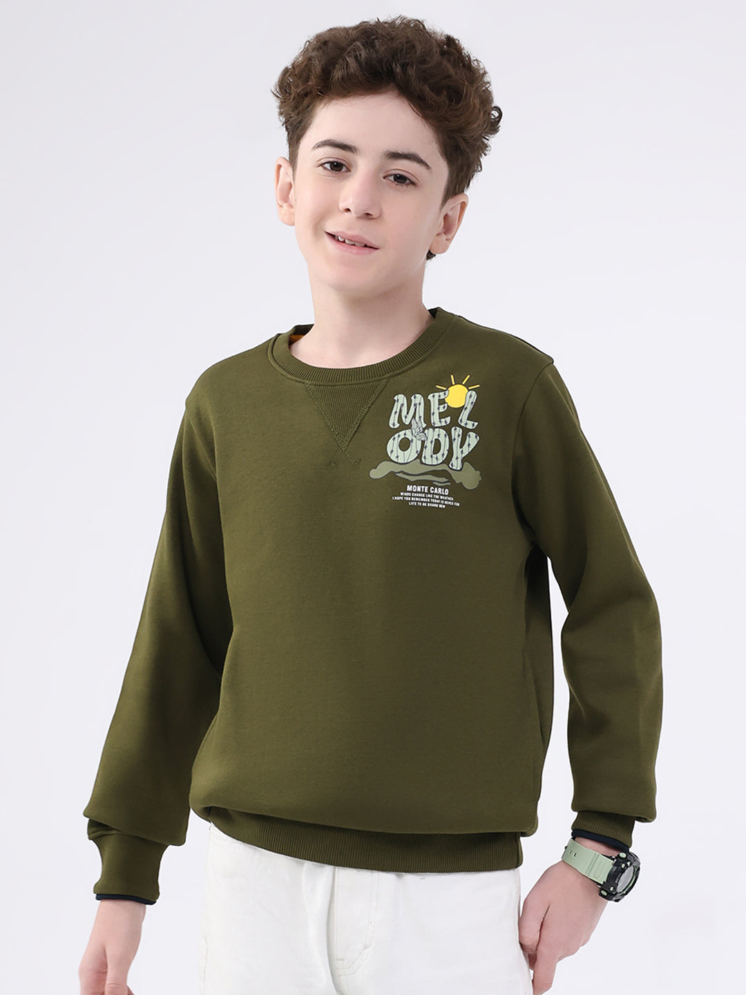 Boys Olive Printed Round Neck Full Sleeve Sweatshirt