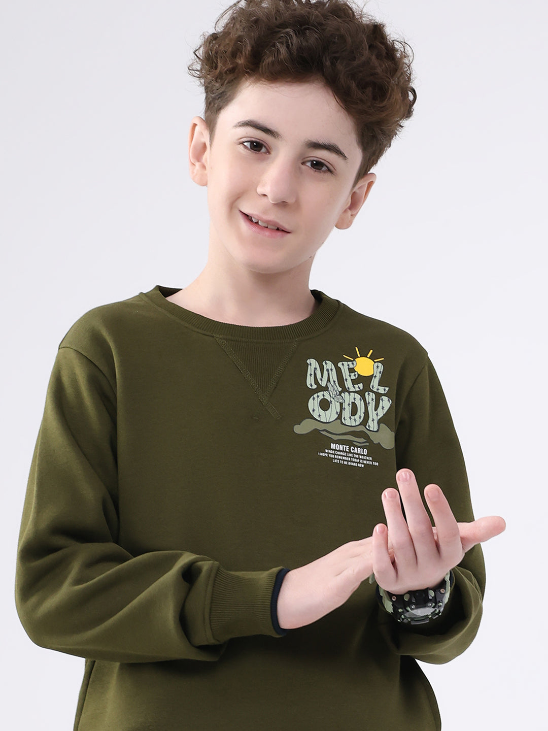 Boys Olive Printed Round Neck Full Sleeve Sweatshirt