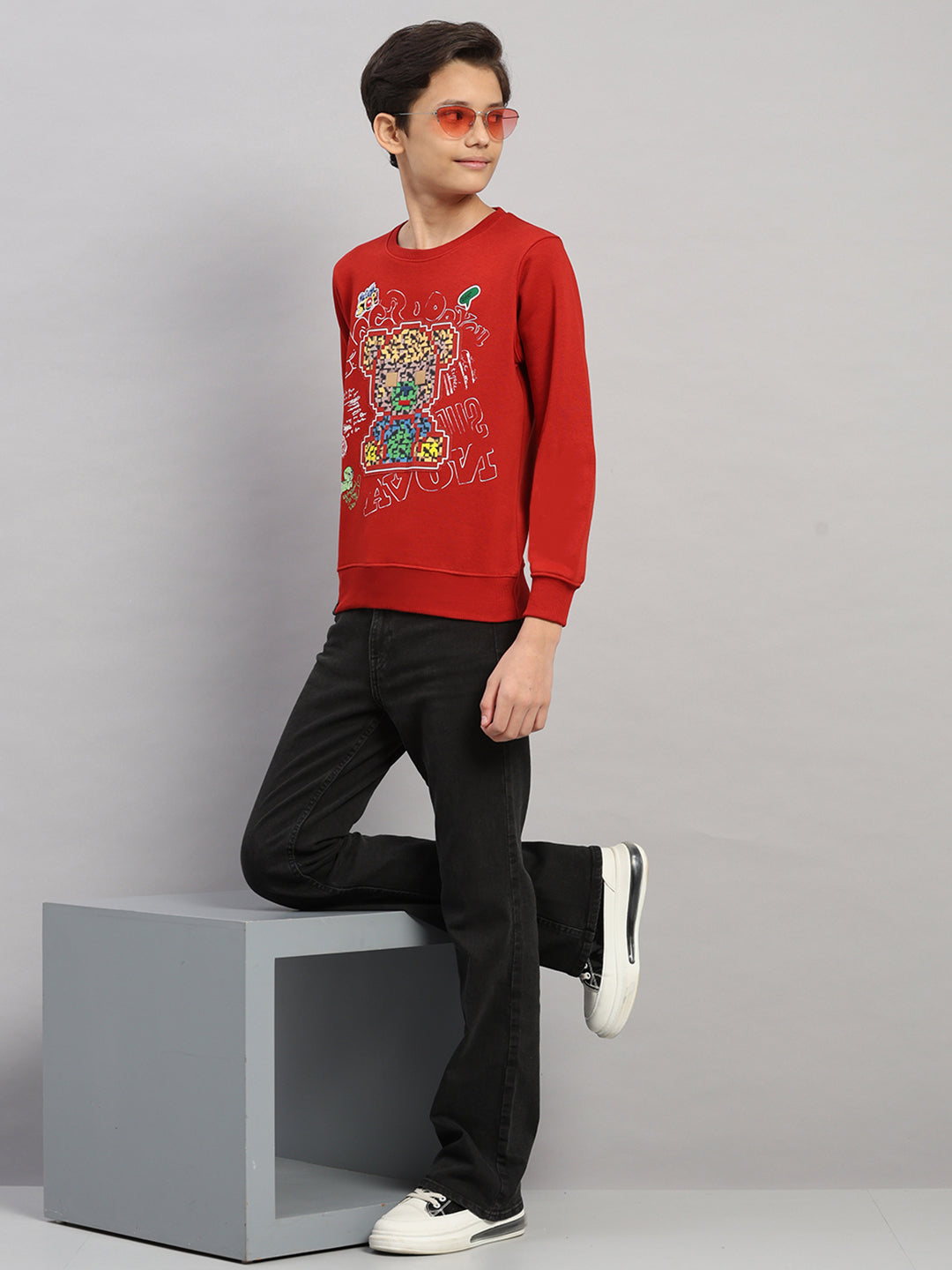 Boys Rust Printed Round Neck Full Sleeve Sweatshirt