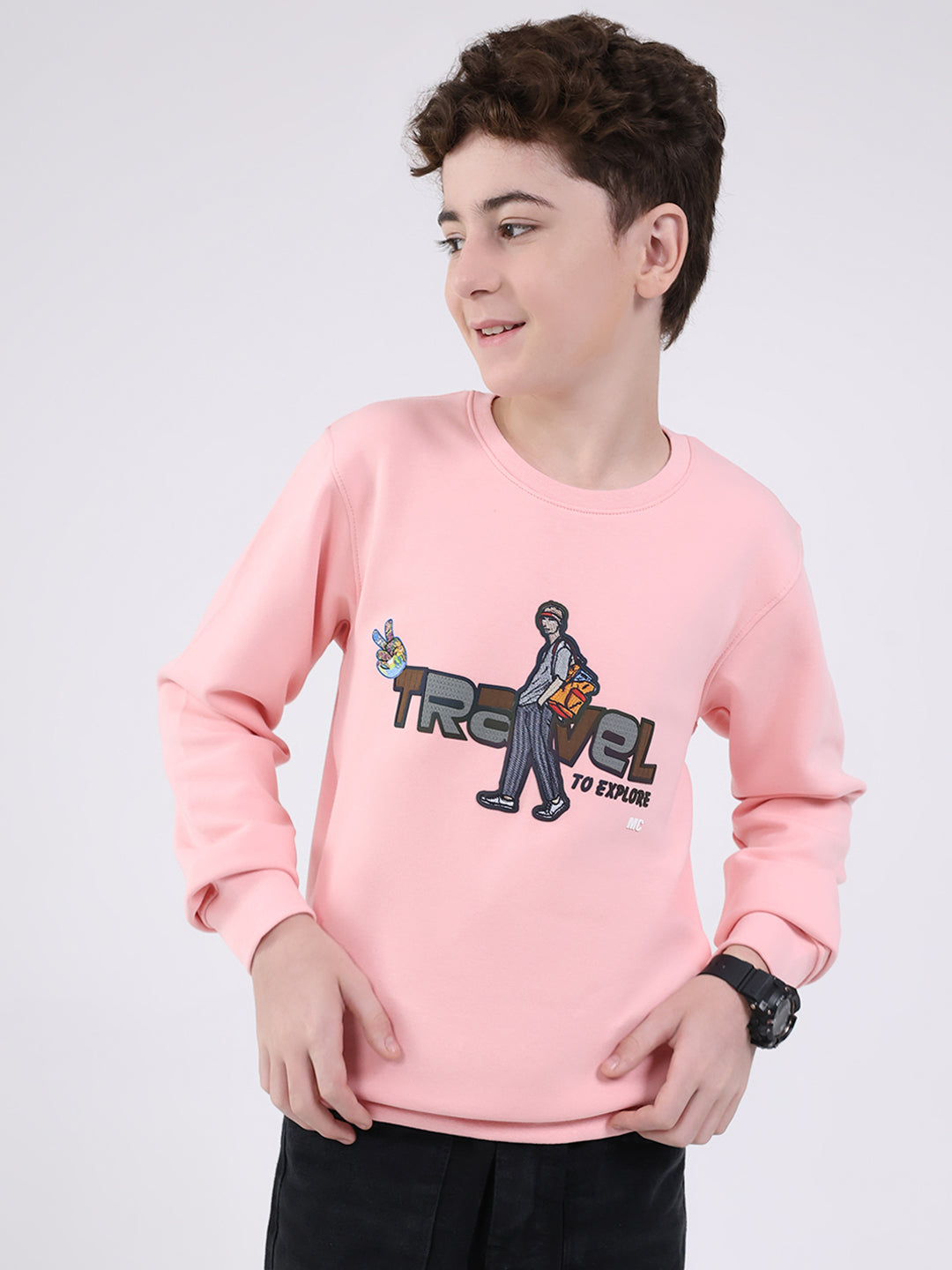 Boys Pink Printed Round Neck Full Sleeve Sweatshirt