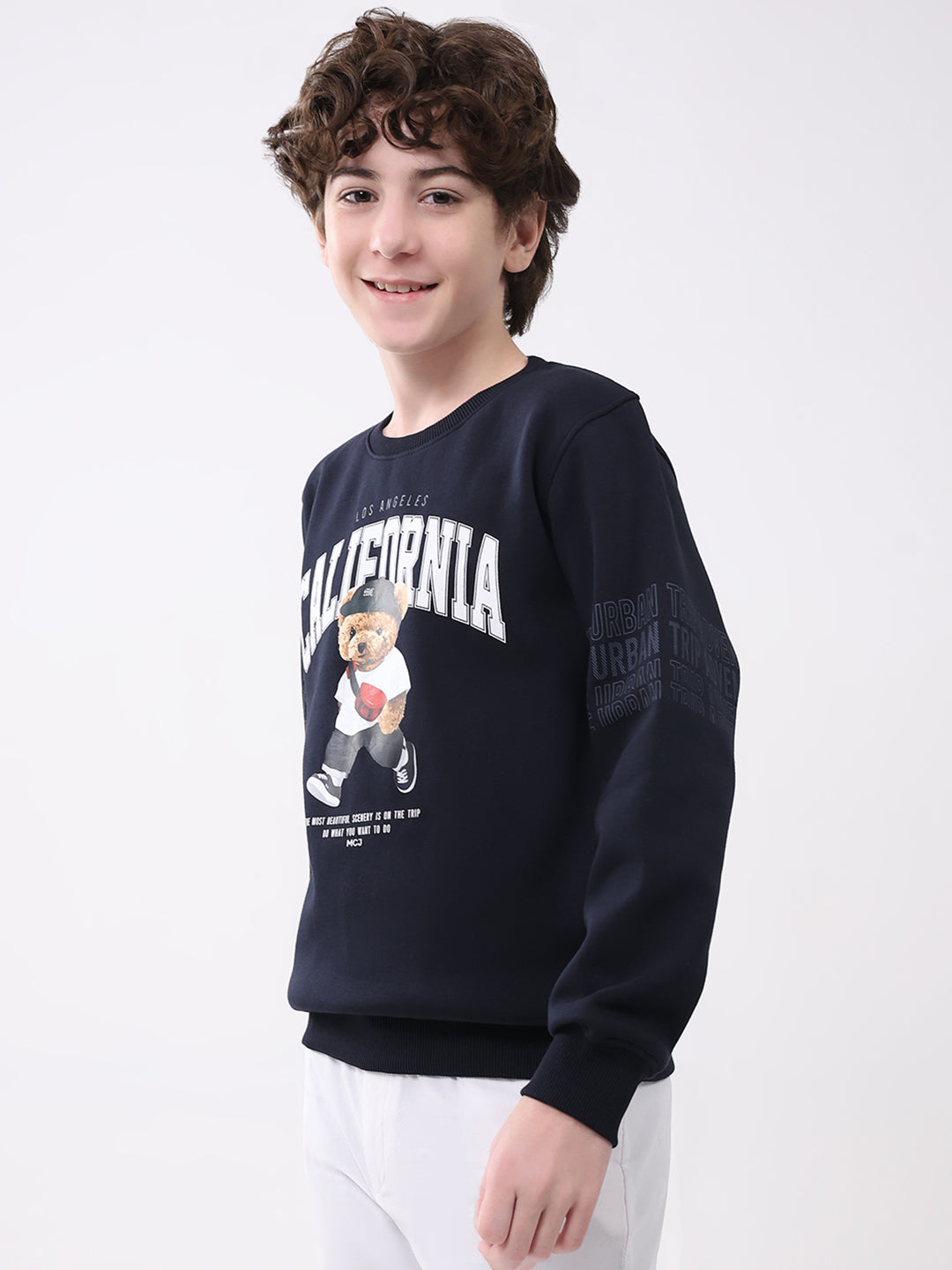 Boys Navy Blue Printed Round Neck Full Sleeve Sweatshirt