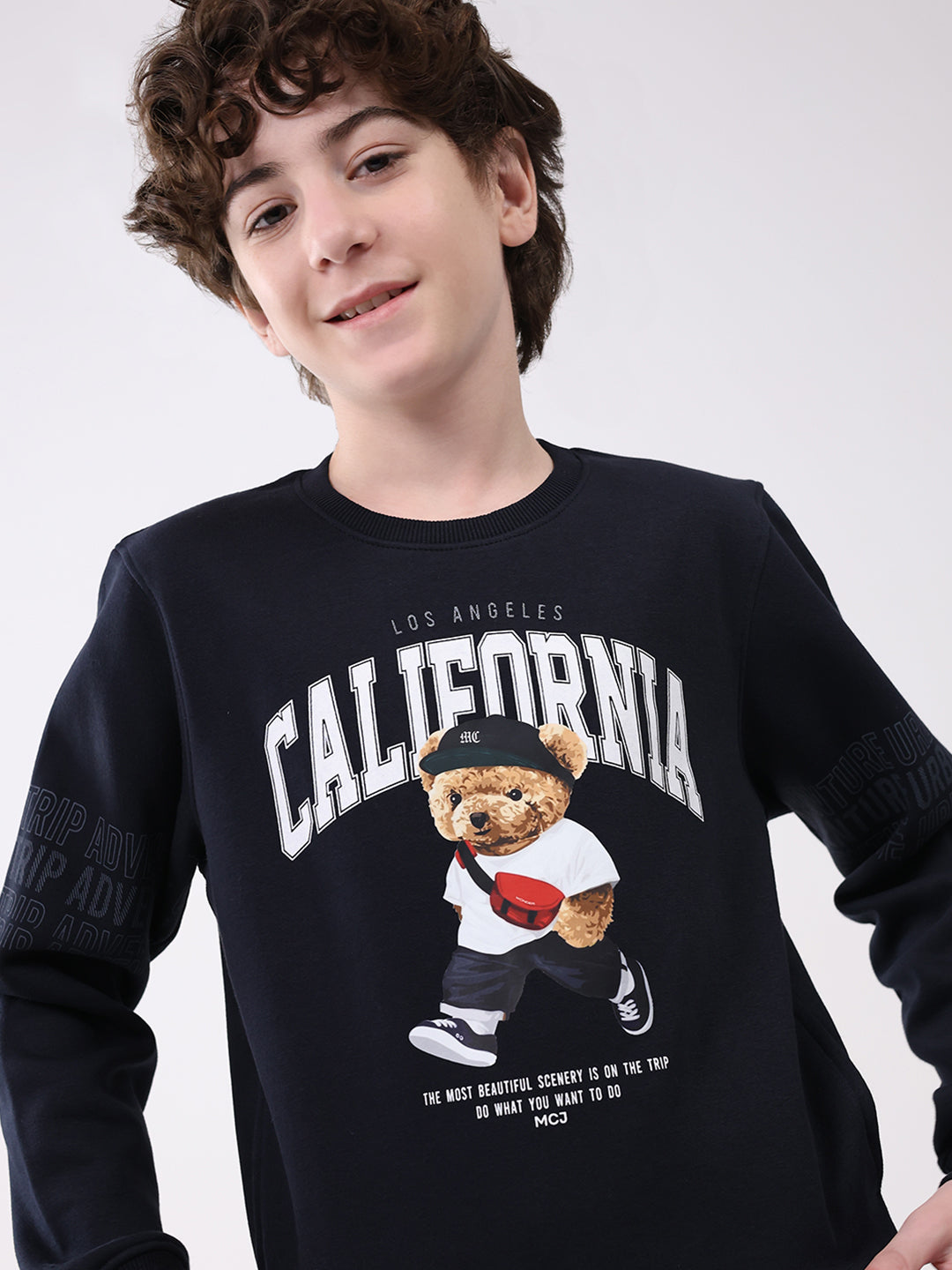 Boys Navy Blue Printed Round Neck Full Sleeve Sweatshirt