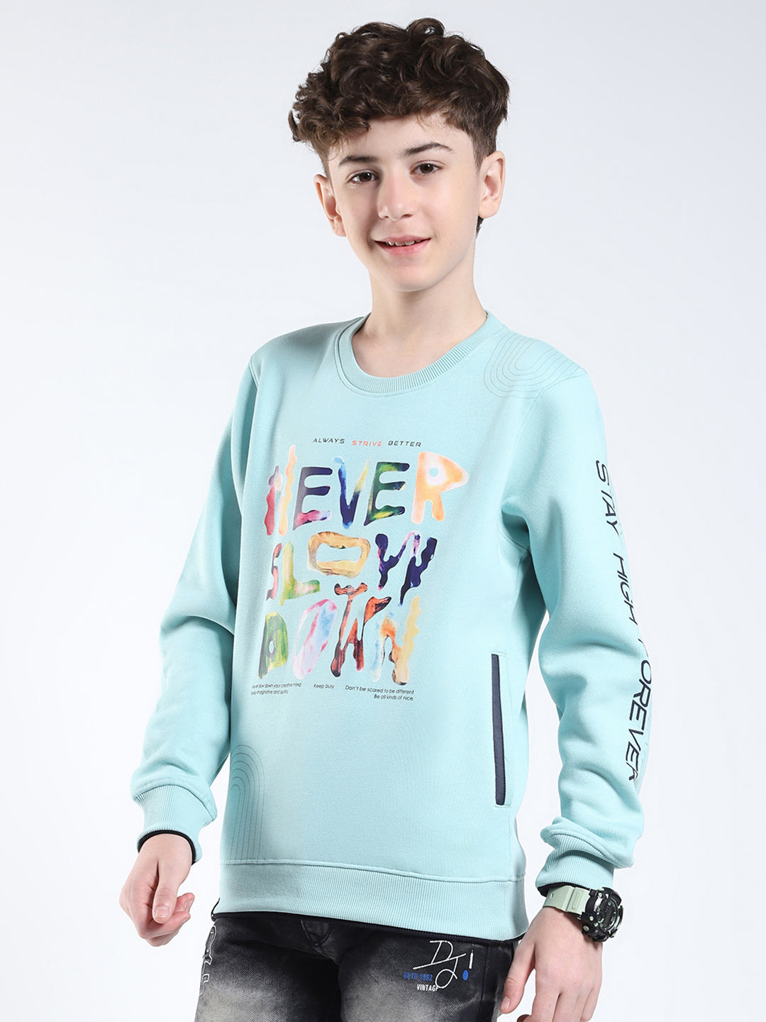 Boys Green Printed Round Neck Full Sleeve Sweatshirt