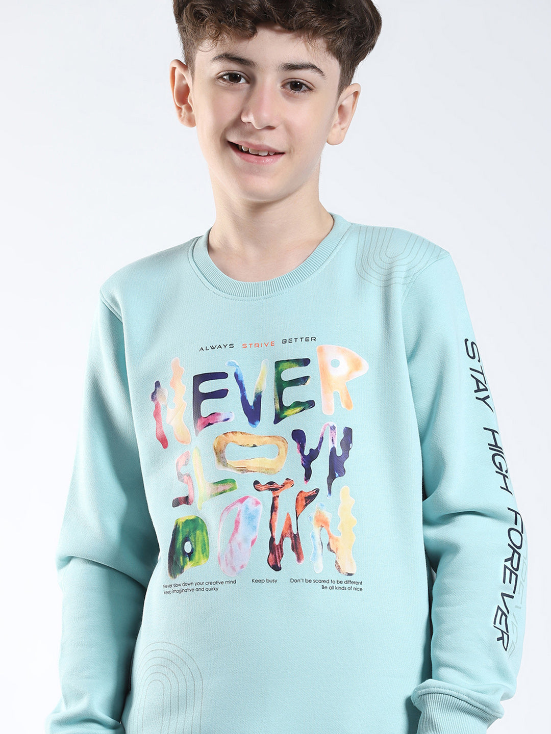 Boys Green Printed Round Neck Full Sleeve Sweatshirt