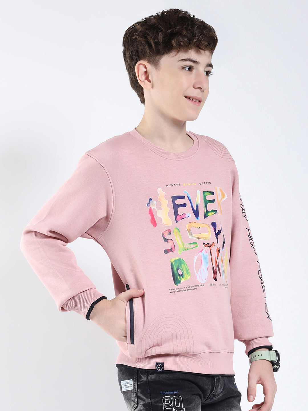 Boys Pink Printed Round Neck Full Sleeve Sweatshirt