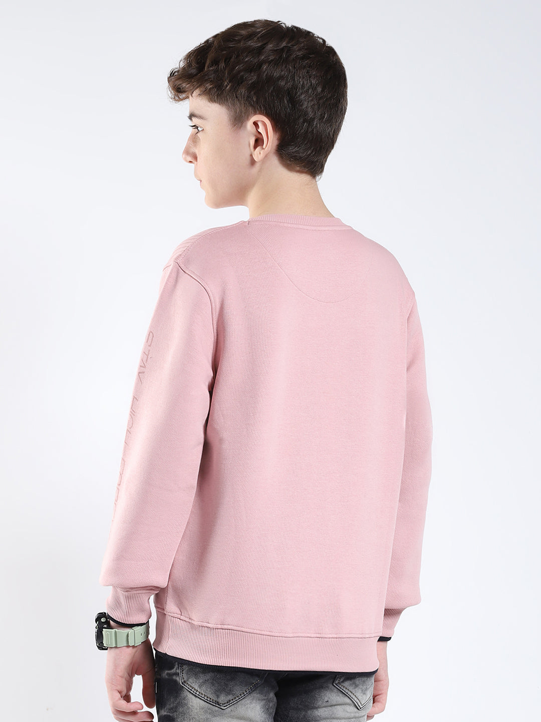 Boys Pink Printed Round Neck Full Sleeve Sweatshirt