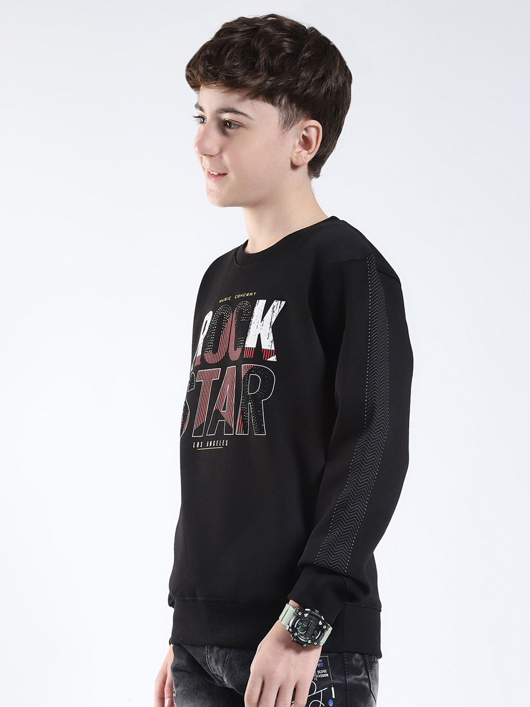 Boys Black Printed Round Neck Full Sleeve Sweatshirt