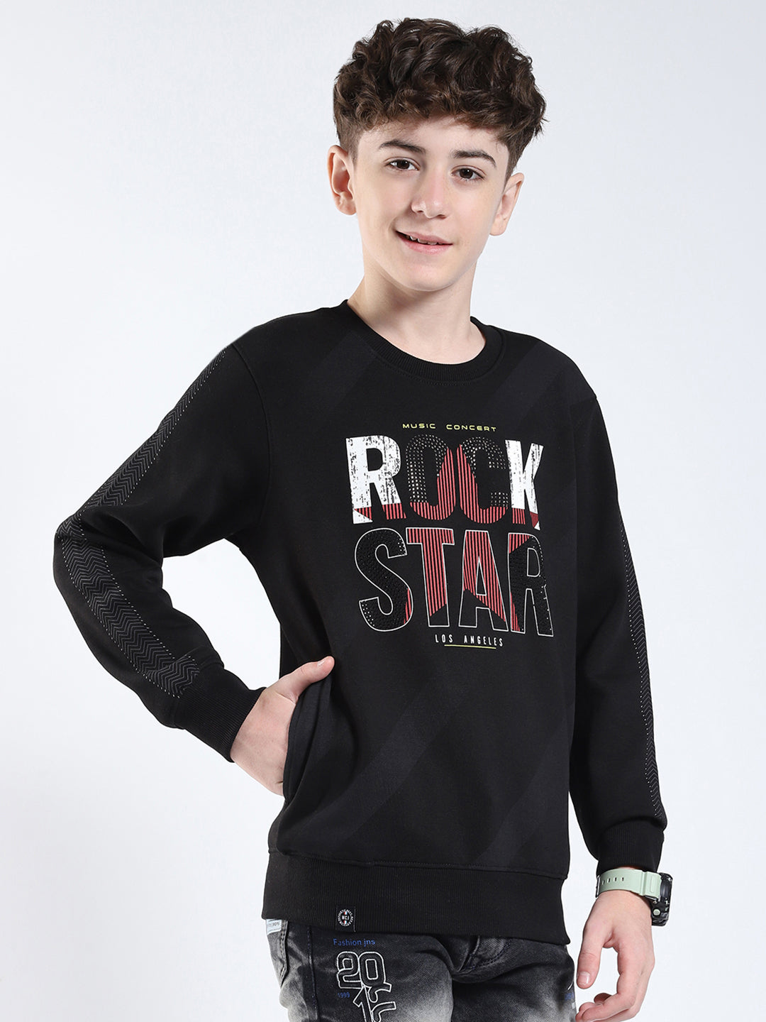 Boys Black Printed Round Neck Full Sleeve Sweatshirt