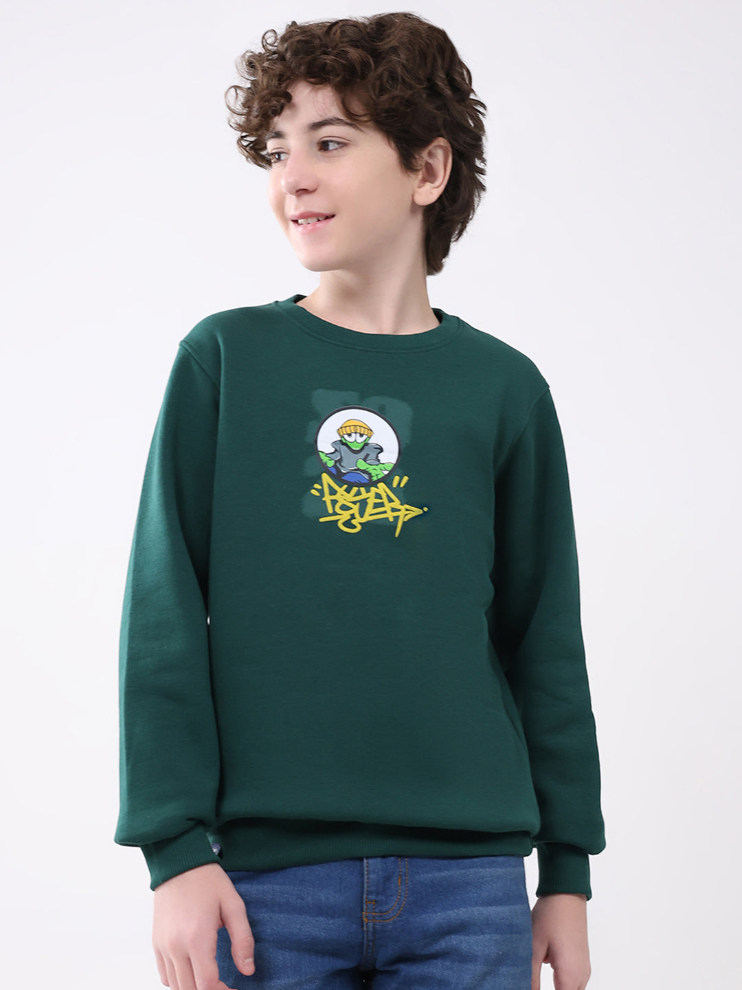 Boys Green Printed Round Neck Full Sleeve Sweatshirt
