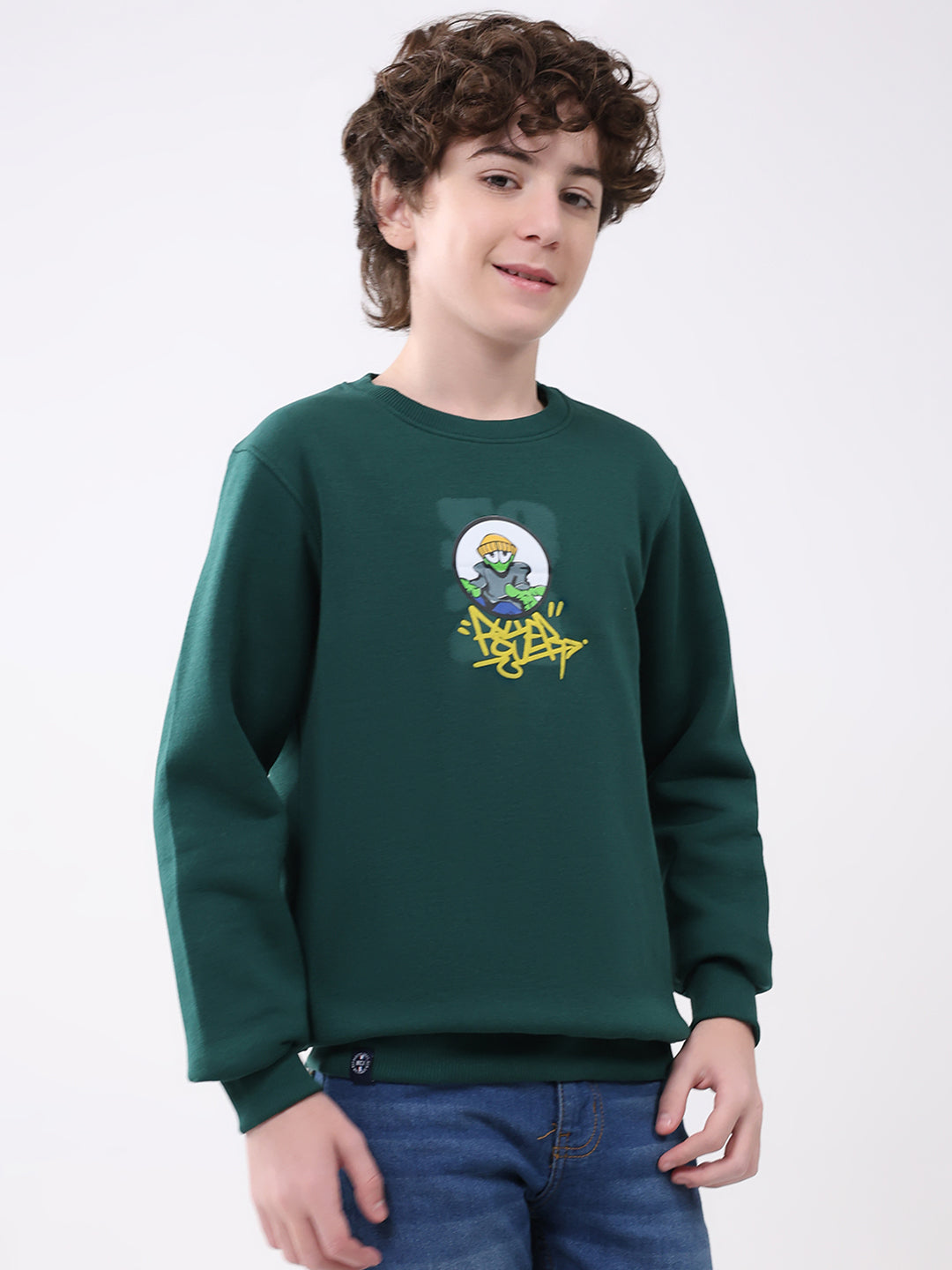 Boys Green Printed Round Neck Full Sleeve Sweatshirt