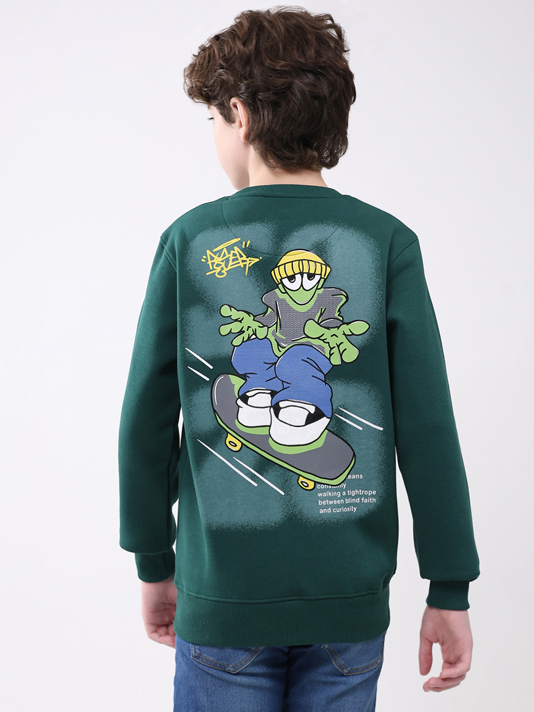 Boys Green Printed Round Neck Full Sleeve Sweatshirt