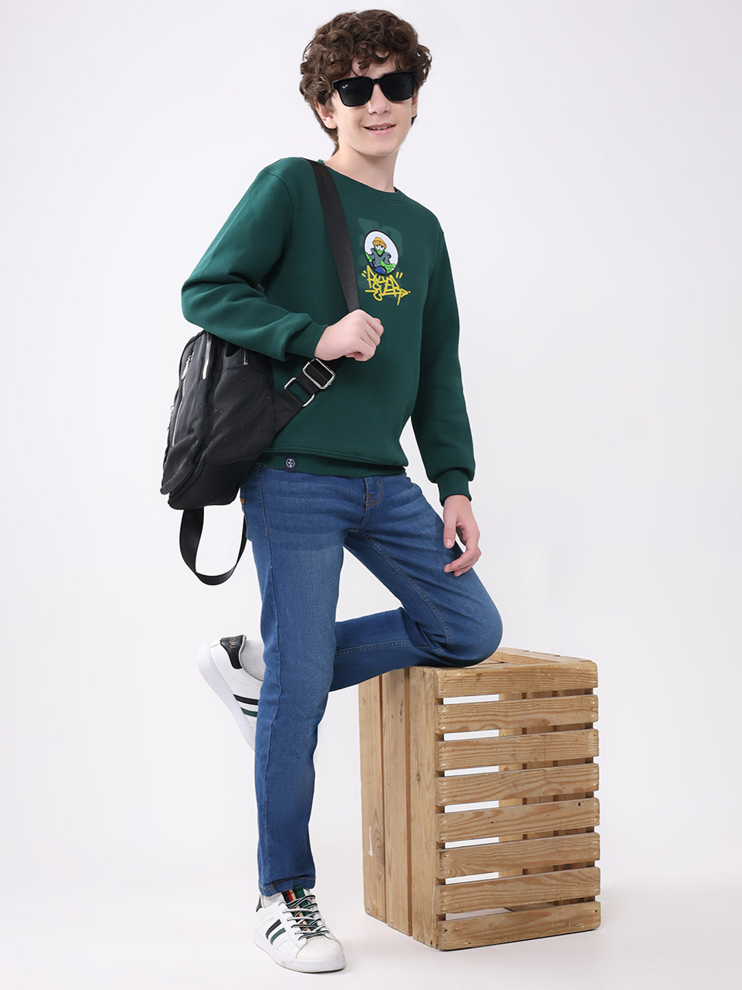 Boys Green Printed Round Neck Full Sleeve Sweatshirt
