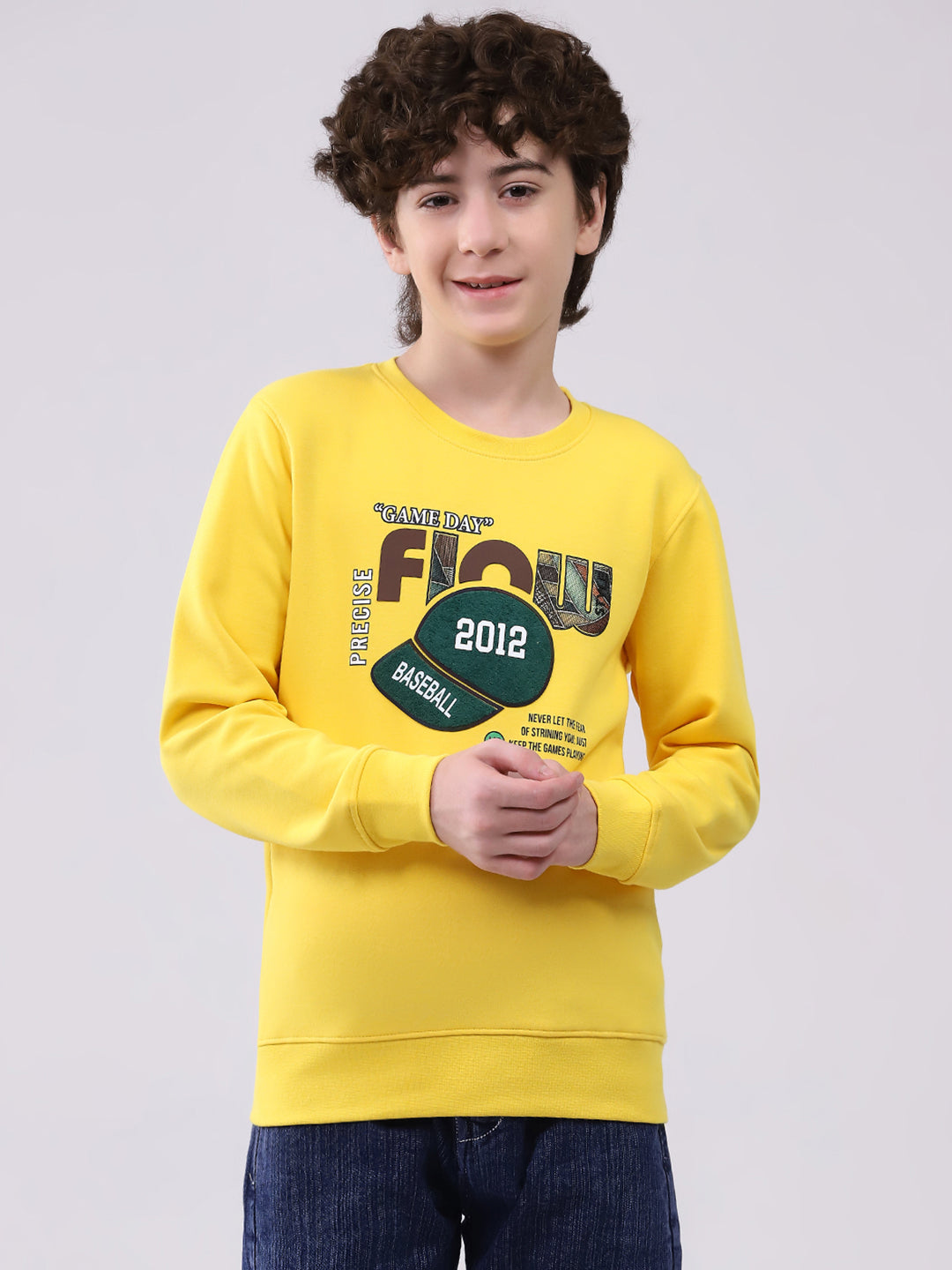 Boys Yellow Printed Round Neck Full Sleeve Sweatshirt