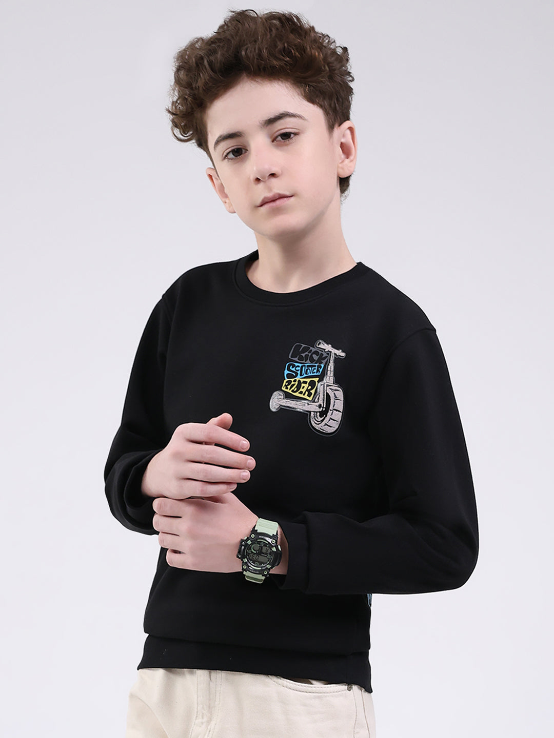 Boys Black Printed Round Neck Full Sleeve Sweatshirt