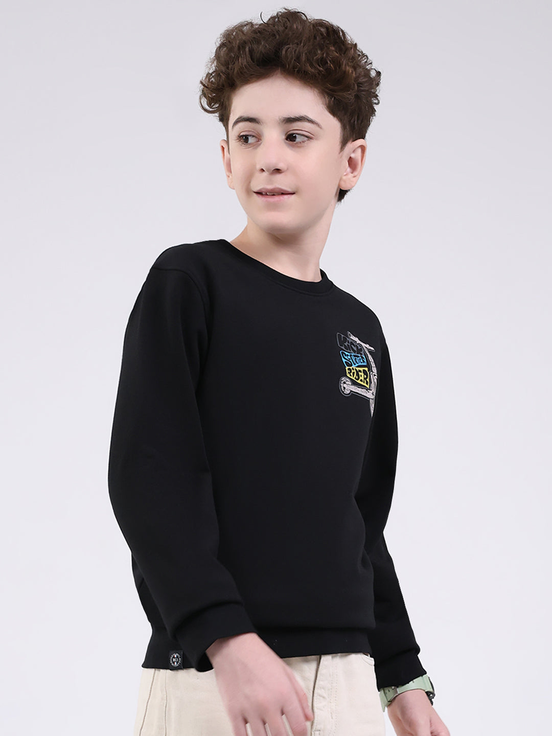 Boys Black Printed Round Neck Full Sleeve Sweatshirt