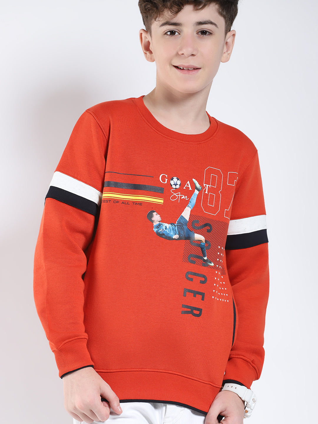 Boys Rust Printed Round Neck Full Sleeve Sweatshirt