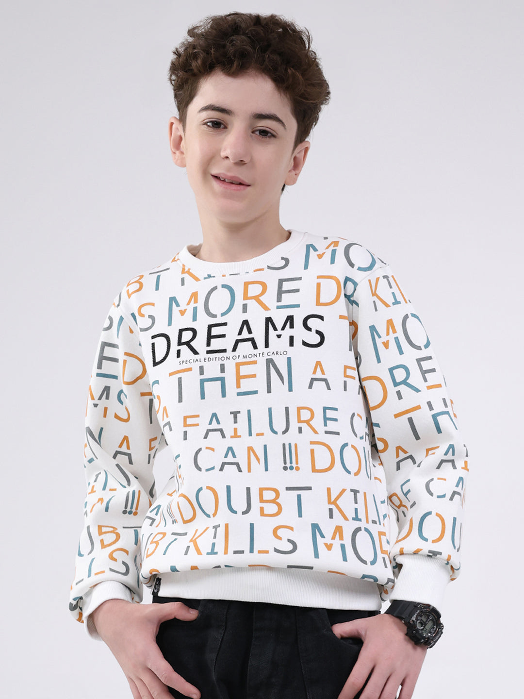 Boys Off White Printed Round Neck Full Sleeve Sweatshirt
