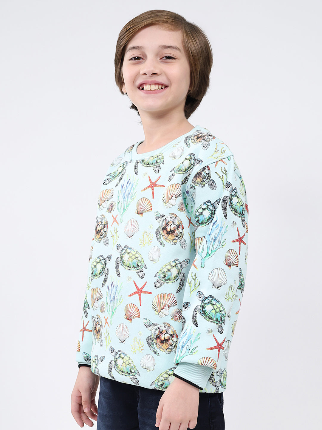 Boys Blue Printed Round Neck Full Sleeve Sweatshirt