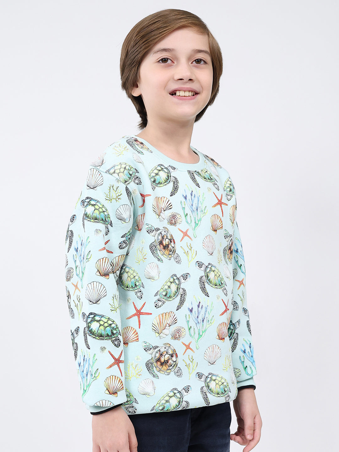 Boys Blue Printed Round Neck Full Sleeve Sweatshirt