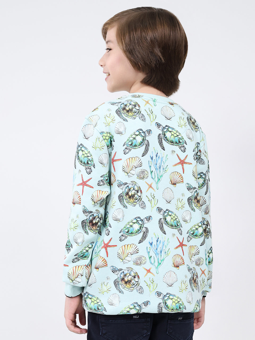 Boys Blue Printed Round Neck Full Sleeve Sweatshirt