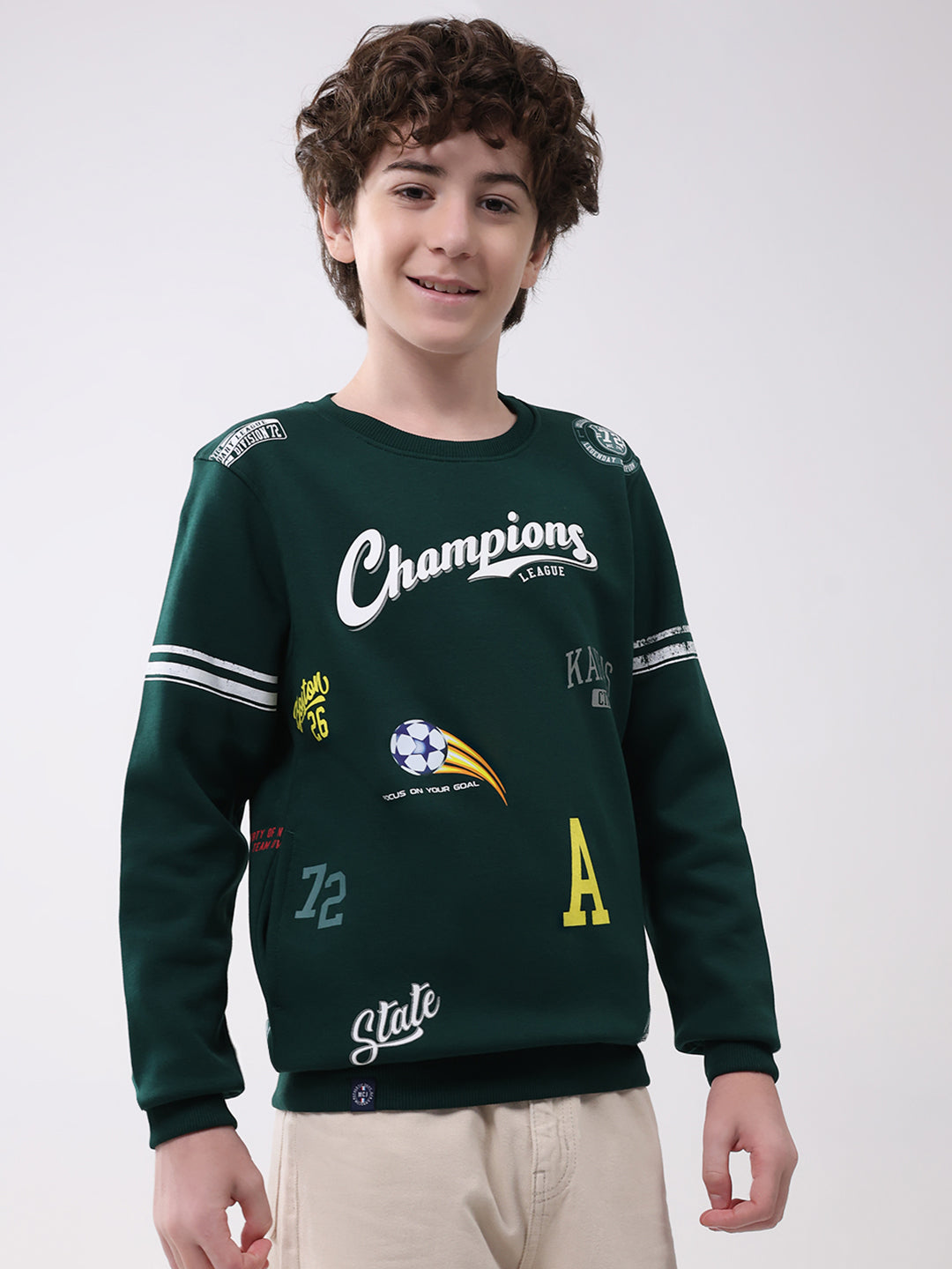 Boys Green Printed Round Neck Full Sleeve Sweatshirt